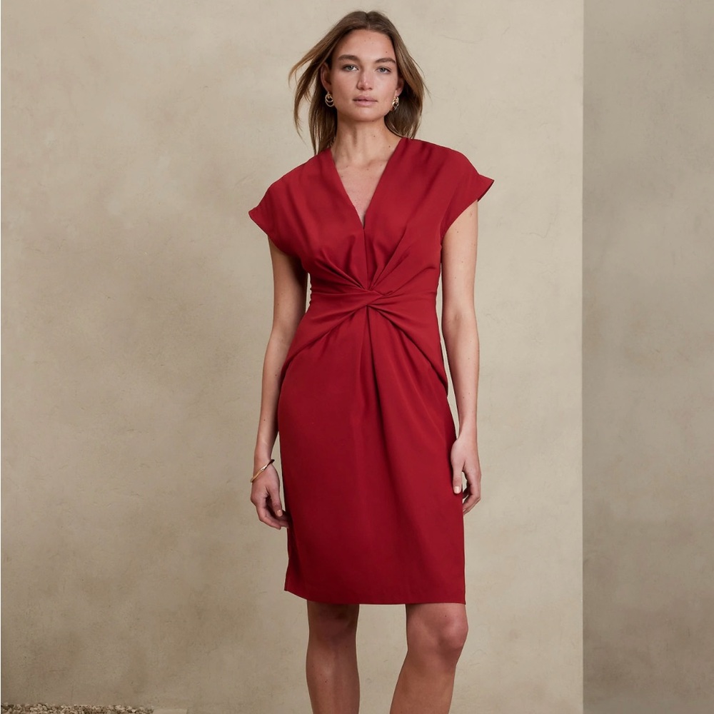Banana Republic Factory TWIST-FRONT KNEE-LENGTH DRESS - red, Size 16